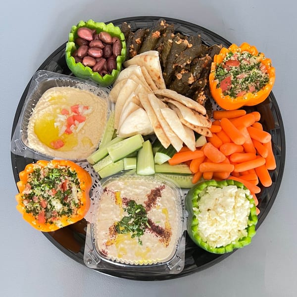 A large platter of Middle Eastern appetizers including hummus, stuffed grape leaves, pita, and vegetables.
